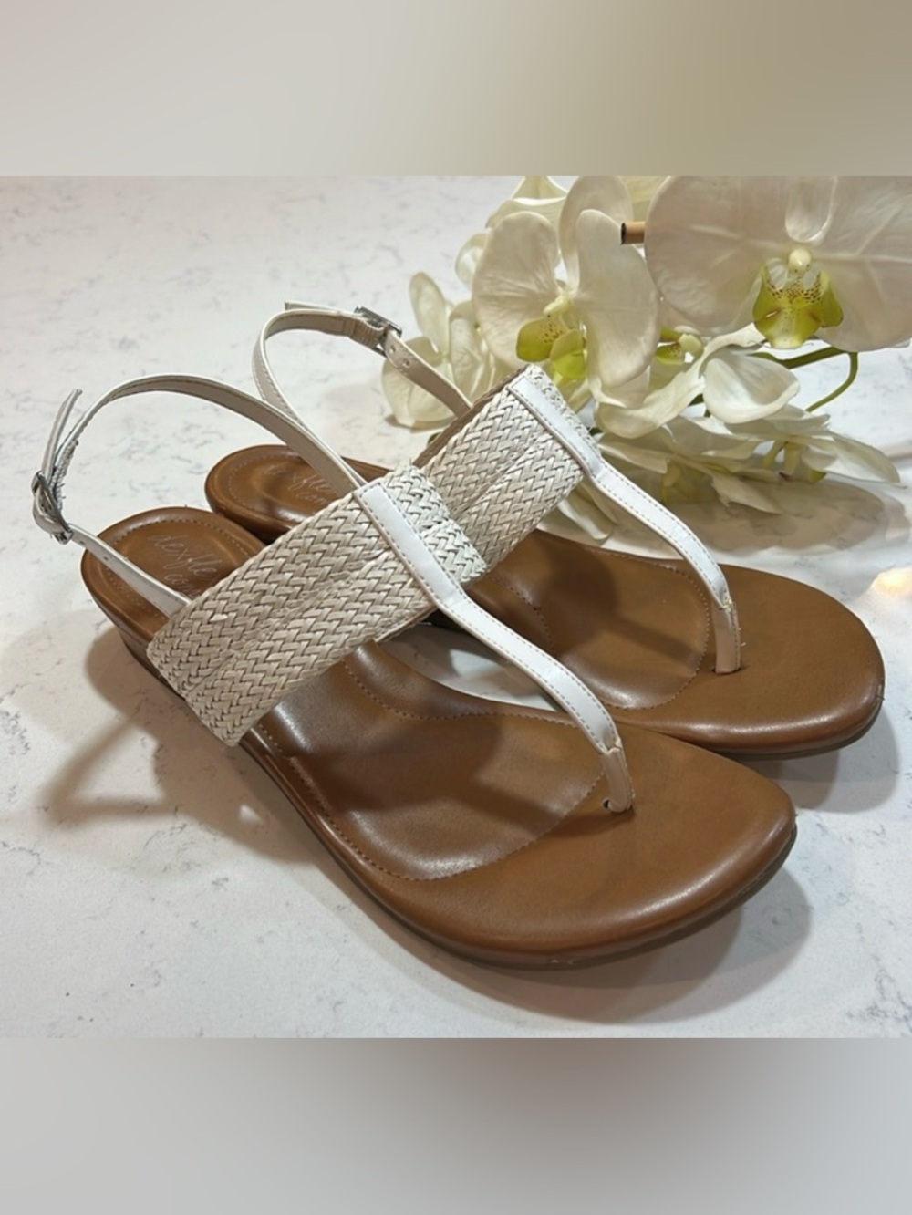 White Braided Thong Sandals with Brown Footbed, 8.5